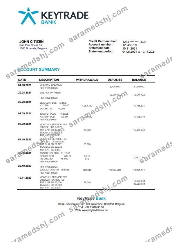 Belgium Keytrade bank statement template in Word and PDF format
